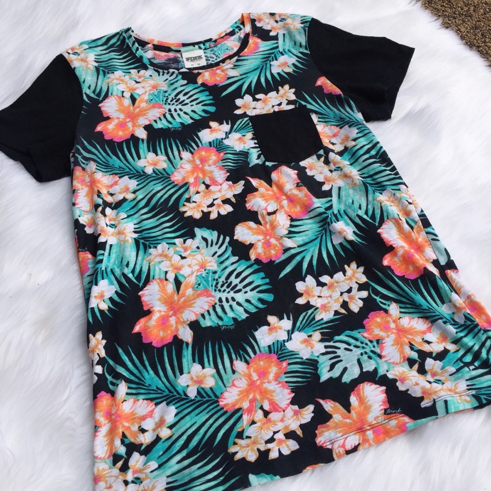 Pink VS, Short Sleeve Green Floral Pocket Blouse
